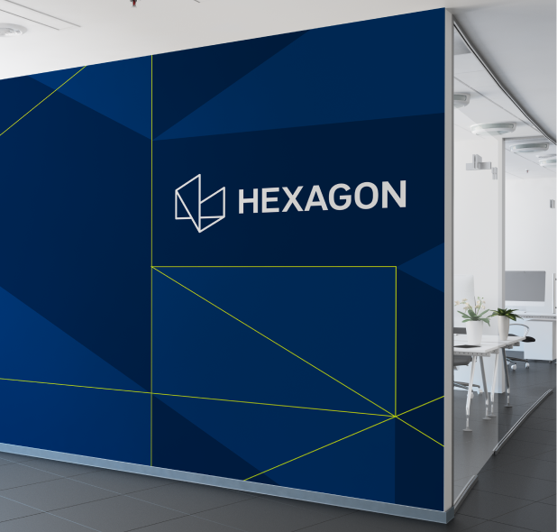 Graphic depicting a hexagonal cropped photo of an interior room design with grid lines along its borders.